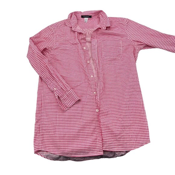 ND Intimates Pink & White Houndstooth Boyfriend Fit Button-Down Night Shirt - Picture 1 of 4